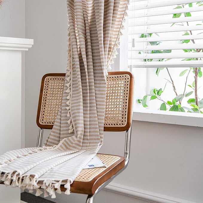 Sutuo Home Boho Curtain 84 Inches Length, Beige Stripes Print Curtain with Handmade Tassels, Rod Pocket Window Treatment Vintage Rustic Bohemian Farmhouse Drape for Bedroom 1 Panel 59" W x 84" L
