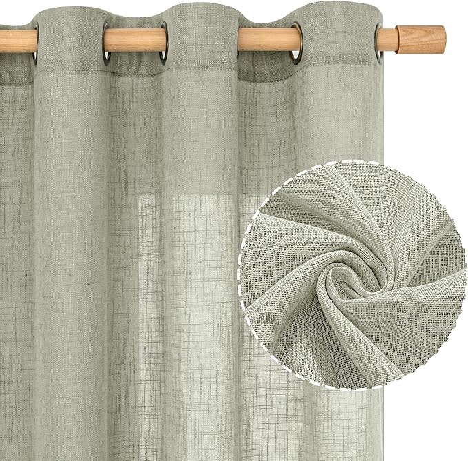 LAMIT 95 Inches Long Sheer Linen Curtains for Living Room 2 Panels, Light Filtering Country Rustic Drapes Farmhouse Window Treatment with Bronze Grommet for Bedroom, Sage Grey, 52 x 95 Inch