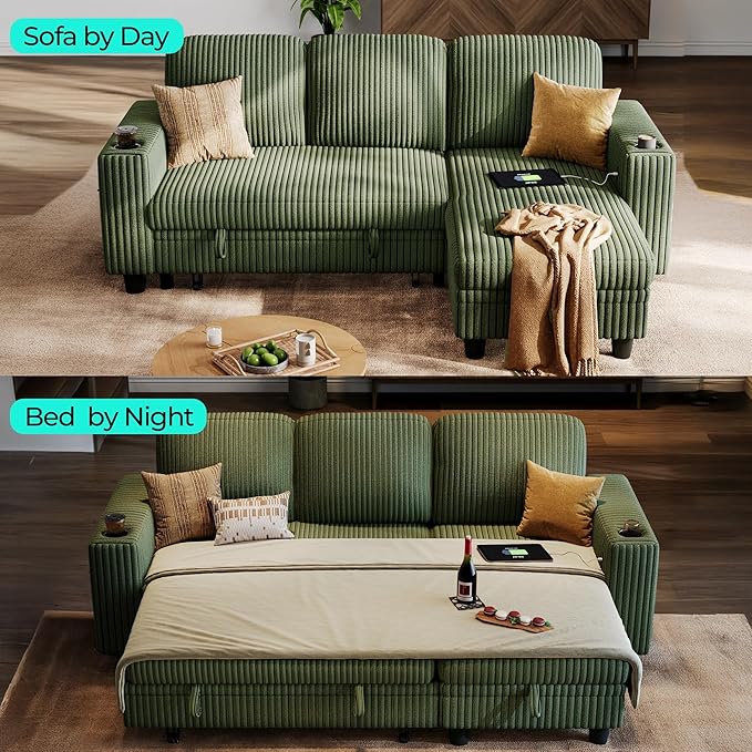 LINSY HOME Sectional Sleeper Sofa with Pull Out Couch Bed Convertible Plush Corduroy Cloud Couch with Storage Chaise & USB Charging, Comfy L Shaped Modular Couches for Living Room Apartment (Green)