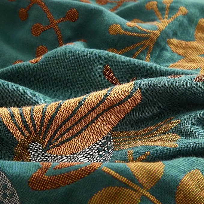 Boho Throw Blanket for Couch Sofa Bed, 100% Cotton Woven Quilt with Tassel 90”x98”, Super Soft Muslin Blanket with Bird Printed, Decorative Reversible Bed Blanket/Cover for All Seasons