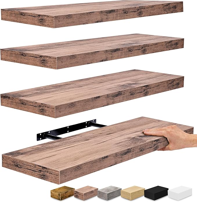Sorbus Floating Shelves for Wall - 24" Bathroom Shelves, Wall Decor for Bedroom, Kitchen, Living Room, Home Decor & Book Storage - Mounted Floating Shelf with Invisible Brackets (Mahogany, 4 Pack)