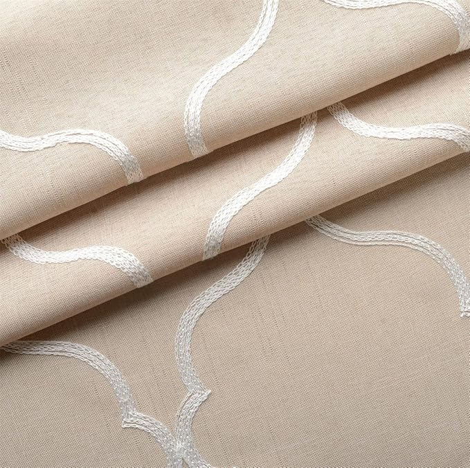 MIUCO Moroccan Embroidered Semi Sheer Curtains Faux Linen Grommet Window Drapes for Living Room 52 x 95 Inch 1 Pair Set, Linen