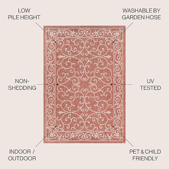JONATHAN Y Vintage Filigree Indoor Outdoor Round Area Rug 6 Ft Red/Beige, Charleston Textured Weave for Backyard, Patio, Porch, Easy-Cleaning, High Traffic, Pet-Friendly, Non-Shedding (SMB106B-6R)