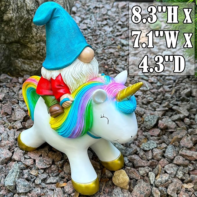 Mood Lab Garden Gnome Statue - Garden Gnome Riding Unicorn - 8.3 Inch Tall Lawn Figurine - for Outdoor or House Decor - Funny Yard & Patio Decoration