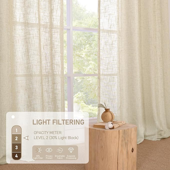 LAMIT Short Linen Curtains 40 Inch Length for Kitchen, Semi Sheer Light Filtering Window Curtains Farmhouse Boho Bronze Grommet Panels for Cafe/RV Camper, Linen, 2 Panels, 34 x 40 Inch