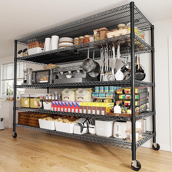 REIBII 85.7"H Storage Shelves 2998LBS Metal Shelving Units with Wheels&Feet, 5 Tier Garage Shelving Heavy Duty Adjustable Wire Shelf for Pantry Garage Commercial Industrials, 85.7"H X 55.5"W X 24.2"D