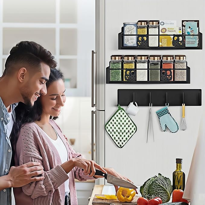 3 Pack Moveable No Drilling Heavy Magnet Spice Rack for Refrigerator Organizers and Storage,Space Saving Kitchen Organization with Magnetic Hooks,Owl Kitchen & Home Decor(Black)