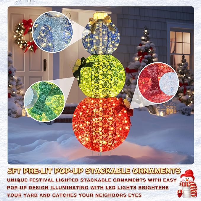 5FT Lighted Pop Up Stackable Ornaments for Christmas Decoration, 3D Pre-Lit Decor with 210 LED Lights with Easy Pop-Up Design, Freestanding Glittered Holiday Display for Outdoor, Indoor