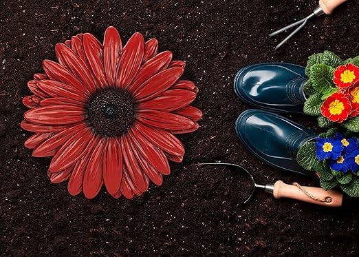 NAT & Jules Gerbera Daisy Flower Shaped Dimensional Indoor Outdoor 12 inch Cast Resin Decorative Garden Stepping Stone, Patio, Walkway Sculpture Yard Art, Red