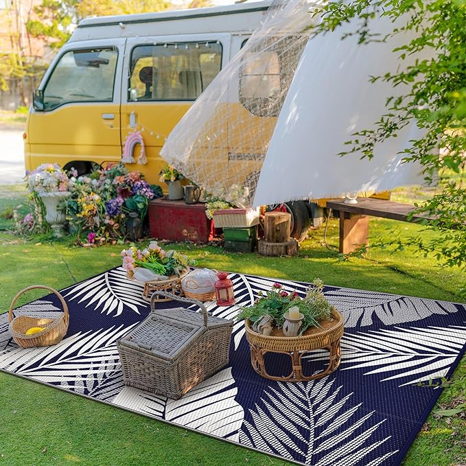 GENIMO Outdoor Rug 4' x 6' Waterproof for Patios Clearance, Reversible Outdoor Plastic Straw Camping Rug Carpet, Large Area Rugs Mats for RV, Camper, Deck, Balcony, Porch, Beach, Navy Blue&White