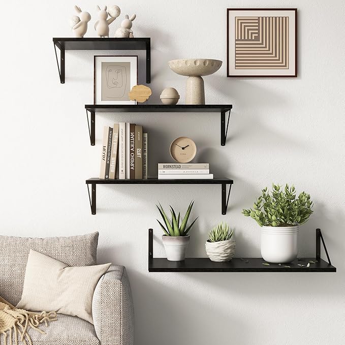 Deep Black Floating Shelves for Wall, 24"W x 10"D Wall Shelves Set of 2, 10 Inch Deep Floating Shelf with Brackets, Wide Display & Storage Shelves for Books, Living Room, Kitchen, Bathroom