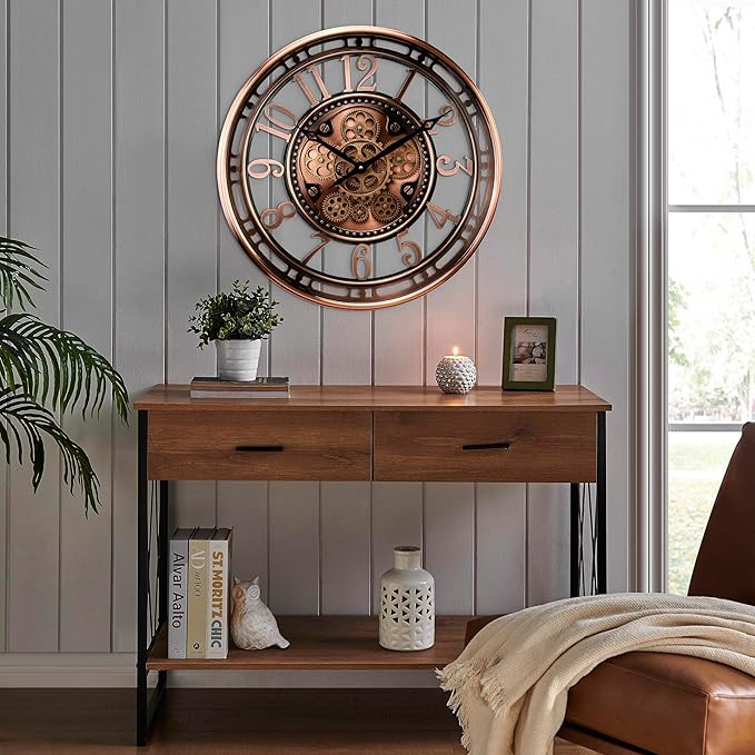 CLXEAST 21 Inch Moving Gear Wall Clock for Modern Farmhouse Living Room Decor,Large Industrial Steampunk Wall Clock for Home Office,Metal Copper Finished,House Warming Gifts New Home