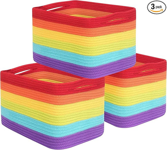 MINTWOOD Design 3-Pack Storage Baskets for Shelves, Playroom and Classroom, Book Basket, Decorative Storage Cube Bins, Woven Closet Organizers, Pantry and Shoe Organizer, Rainbow