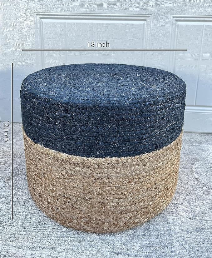 Jute Pouf Ottoman | Footrest Pouf | Hand Braided - Round Boho Pouffe - for Living Room, Bedroom, Nursery (18"x18"x12") Navy