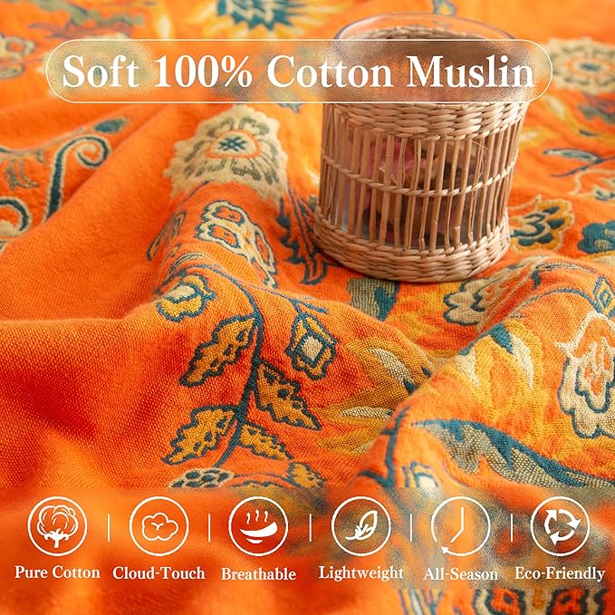 Boho Throw Blanket Queen Size, Oversized Soft Cozy Cotton Muslin Quilt Blanket for Bed Decor, Floral Patterned Couch Sofa Chair Cover, Vintage Farmhouse Cottage Woven Blanket, Orange&Green