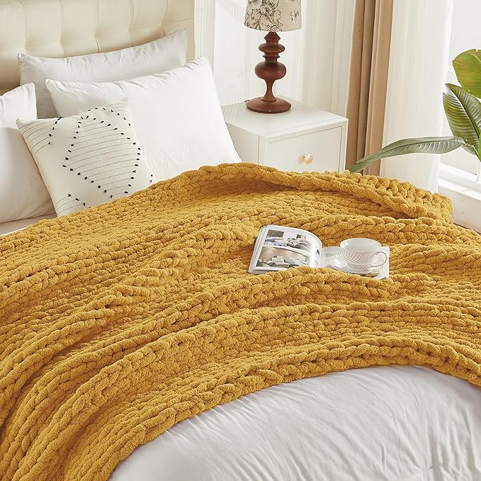 Carriediosa Chunky Knit Throw Blanket 60" X 80" Twin, 100% Hand Made Large Chenille Loop Yarn Soft Fluffy Throws for Couch Sofa Bed, Big Crochet Cozy Heavy Thick Cable Woven Blanket, Yellow