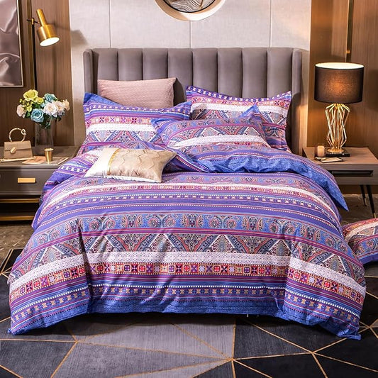 ABREEZE Bohemian Vintage Cal.King Size Floral Cotton Bedding Set 3Pcs Duvet Cover Set Boho Purple Paisley 100% Egyptian Brushed Cotton Reversible Home Bedding Collection