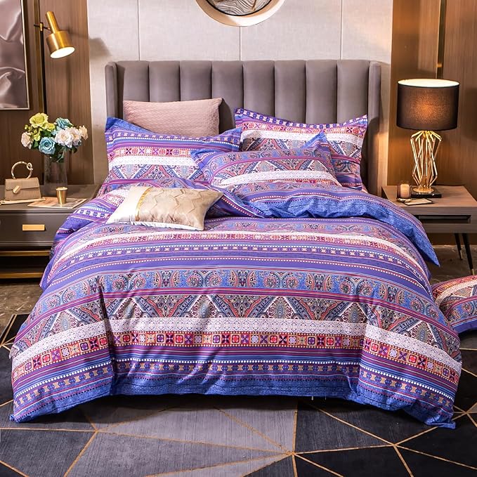 ABREEZE Bohemian Vintage Queen Size Floral Cotton Bedding Set 3Pcs Duvet Cover Set Boho Purple Paisley 100% Egyptian Brushed Cotton Reversible Home Bedding Collection