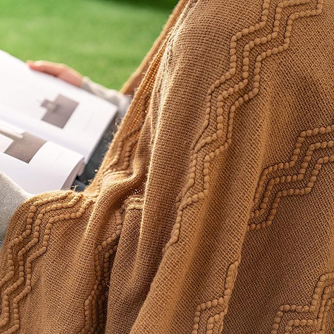 MIULEE Knitted Brown Throw Blanket for Couch,Boho Bed Decor Knit Outdoor Blankets Throw Size with Tassels Cozy Woven for Sofa Home Chair Wave Pattern 50" x 60" Inches