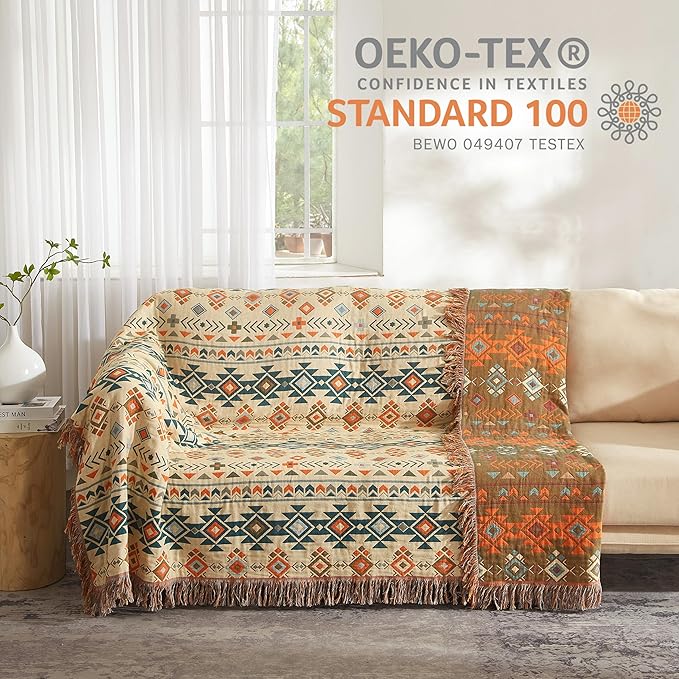 Boho Throw Blanket for Bed 80”x90”, 100% Cotton Woven Blanket for Couch Sofa, Ultra Soft 4-Layer Muslin Quilt with Diamond Pattern, Farmhouse Bed Blanket/Cover for Living Room Decor