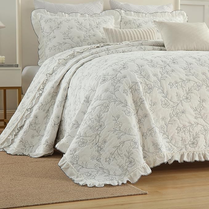 MarCielo 3-Piece 100% Cotton Bedspread Lightweight Quilt Coverlet Embroidery Farmhouse Bedding Set (Floral,King (106" X 98"))