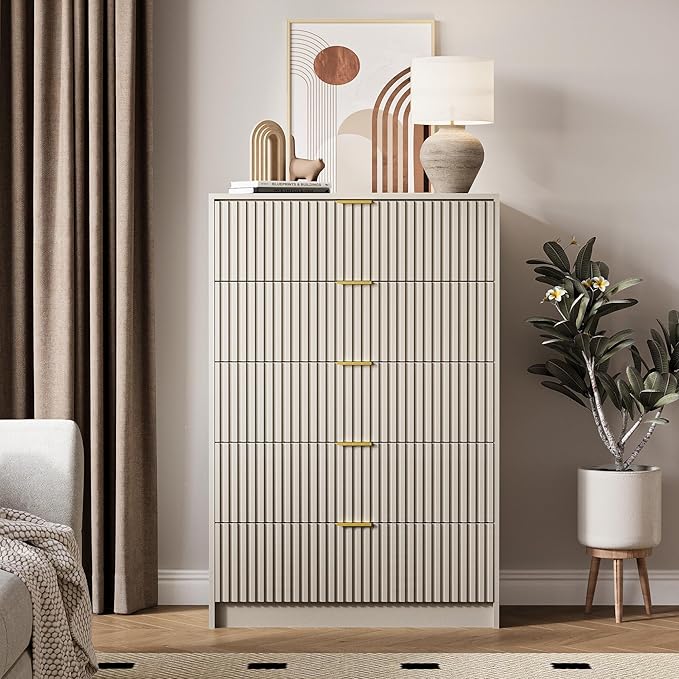 5 Drawer Dresser for Bedroom, Tall Dresser Chest of Drawers with Gold Handles, 32 Inch Wide Nightstand with for Bedroom, Living Rooms, Offices, and Entryways, Beige
