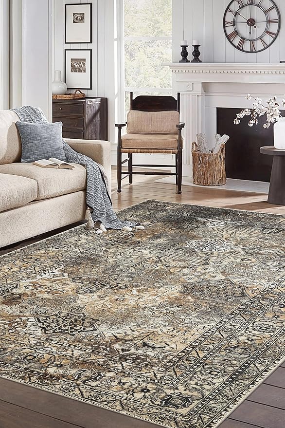 Keen Home Design 8x10 Rug - Machine Washable Area Rug with Non-Slip Backing, Ideal for Living Room, Dining Room, Bedroom - Vintage, Easy Clean, Durable, Low Pile Rug - (8' x 10')