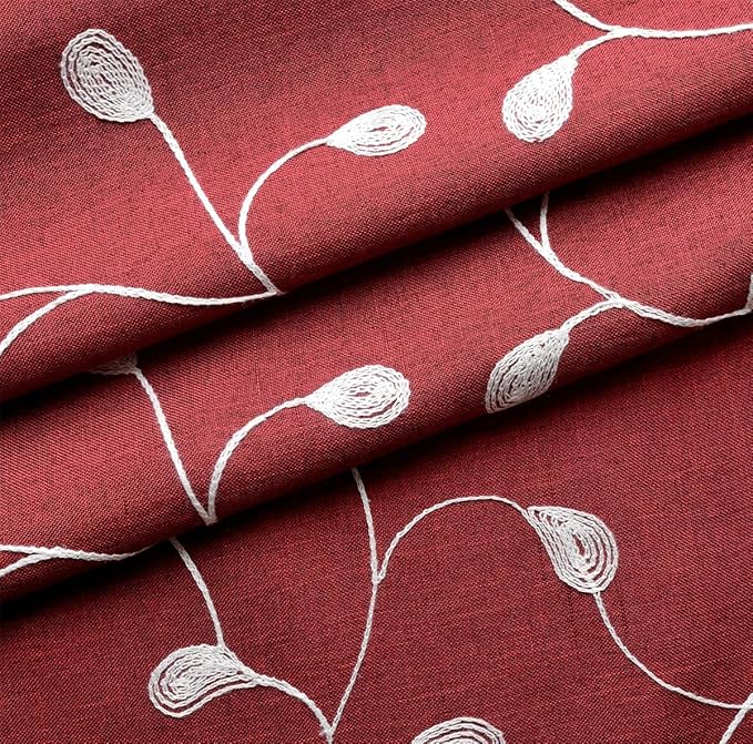 MIUCO Floral Embroidered Semi Sheer Curtains Faux Linen Grommet Curtains for Living Room 52 x 63 Inch 2 Panels, Burgundy