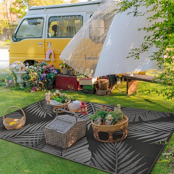 GENIMO Outdoor Rug 3' x 5' Waterproof for Patios Clearance, Reversible Outdoor Plastic Straw Camping Rug Carpet, Large Area Rugs Mats for RV, Camper, Deck, Balcony, Porch, Beach, Picnic, Black&Grey