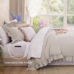 Full Comforter Set - 7 Pieces Ruffle Beige Bedding Sets, Shabby Chic Farmhouse Bed in a Bag Full with Ruffle Comforter, Floral Sheets, Pillowcases & Shams