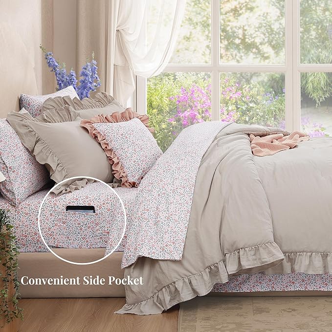 Queen Comforter Set - 7 Pieces Ruffle Beige Bedding Sets, Shabby Chic Farmhouse Bed in a Bag Queen with Ruffle Comforter, Floral Sheets, Pillowcases & Shams