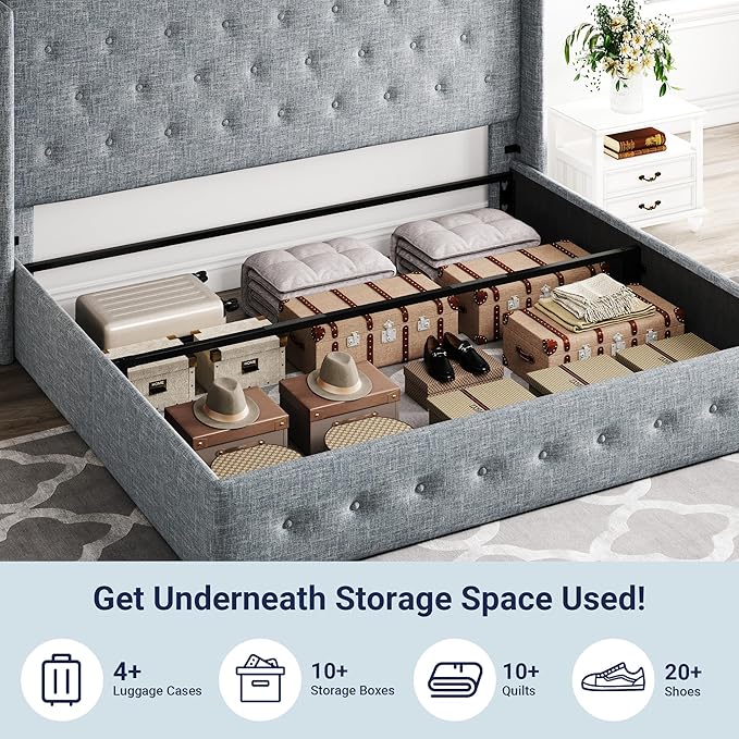 Allewie King Size Lift Up Storage Bed, Button Tufted Headboard with Wingback, Hydraulic Support, No Box Spring Needed, Grey Blue