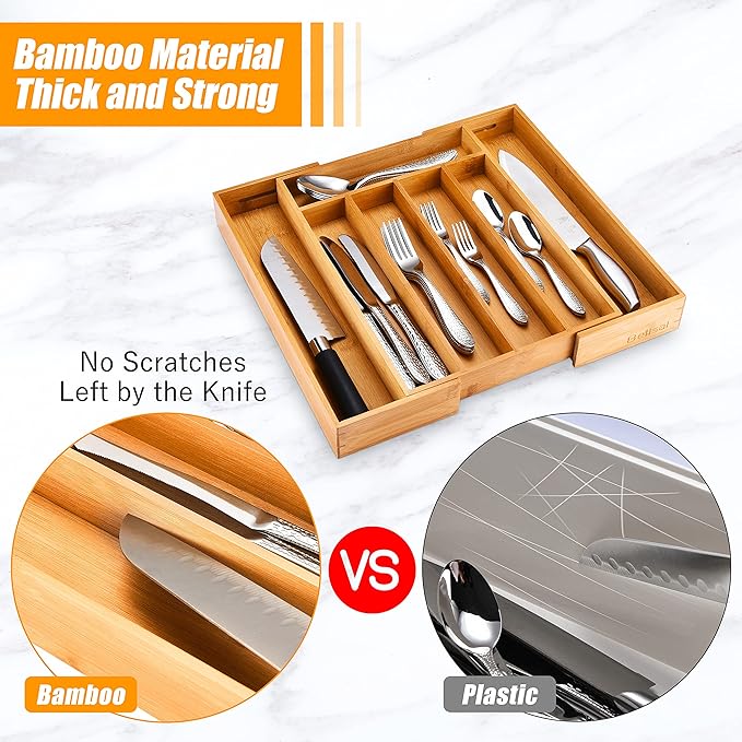 Bellsal Silverware Organizer Kitchen Drawer Organizer Expandable Bamboo Utensil Holder Cutlery Tray for Kitchen Utensil and Flatware Bedroom Office