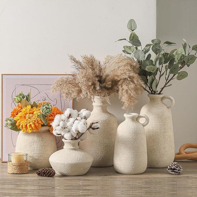 Ceramic Rustic Vase, 12.8" Large Flower Vases Home Decor Pottery Farmhouse Decorative Vase Boho Neutral Pampas Vases for Mantel Entryway Table Living Room Shelf Kitchen