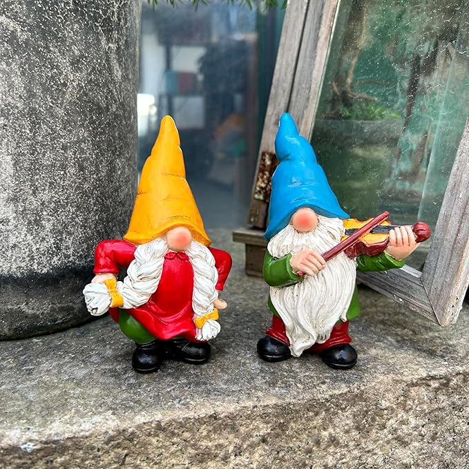 Garden Gnome Duo Decorative Figurines 5.5“ Ornament for Indoor Outdoor Home Garden Decor，Musical Violin Player and Dancing, Colorful Outdoor Statues, Set of 2