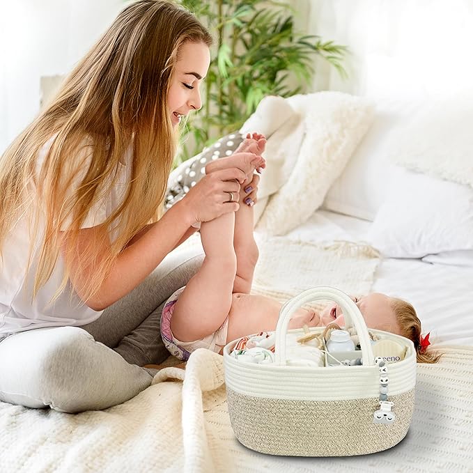 Large Baby Diaper Caddy Organizer for Girl Boy Rope Nursery Storage Bin Basket Portable Holder Tote Bag for Changing Table Car Travel Baby Shower Gifts Newborn Registry Must Haves White and Brown
