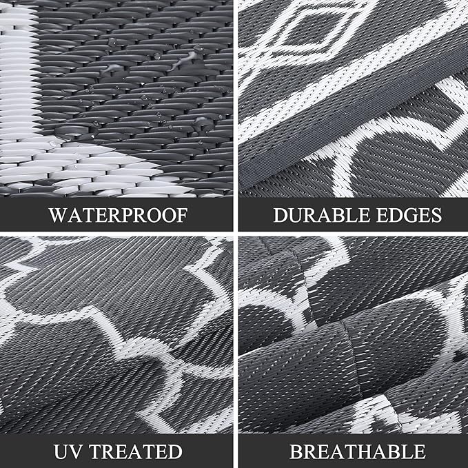 GAOMON Reversible Outdoor Rug 9'x18' Waterproof Plastic Straw Rug, Patio Rug, Large Modern Area Rug Carpet, Indoor Outdoor Rugs for Camping, Porch, Deck, Balcony, Backyard, Grey/White(Geometric)