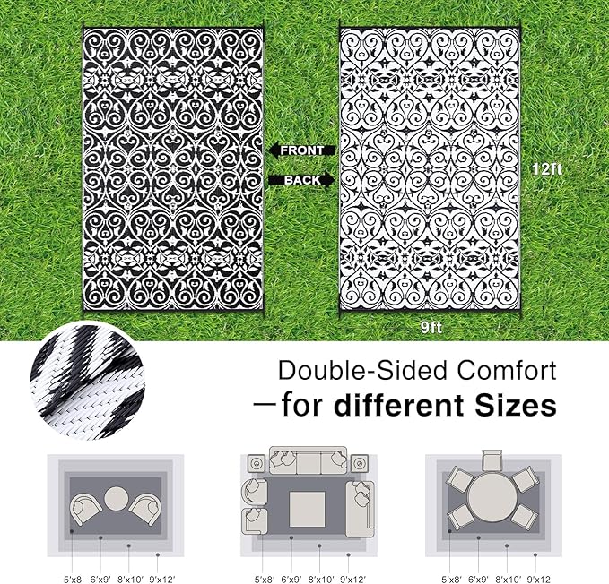 OLANLY Outdoor Rug Waterproof 9x12 ft Clearance, Reversible Outdoor Plastic Straw Rug with Floral Pattern, RV Mat for Patio, Camping, Balcony, Deck, Backyard, Black & White