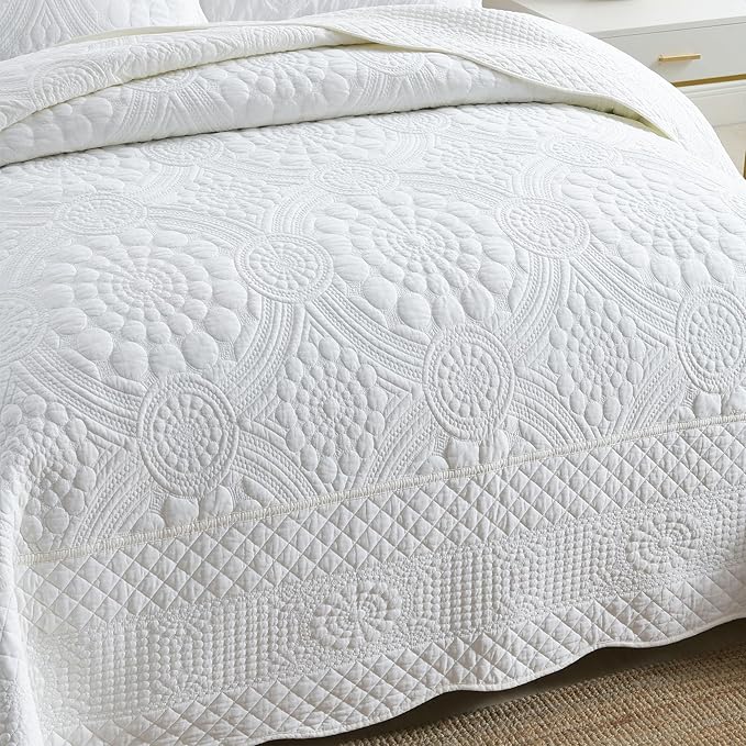 MarCielo 3-Piece 100% Cotton Oversized Bedspread Lightweight Quilt Coverlet Embroidery Farmhouse Bedding (Tf Bright White, Oversized King (118"x106"))