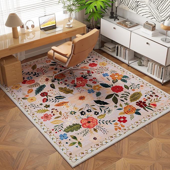 Bedroom Rug 3x5 Rug Washable Area Rug Non Slip Low Pile Boho Floral Small Carpet for Bedroom, Bedside, Kitchen, Entryway, Kids Room, Office, College Dorm Essentials for Girls(Beige)