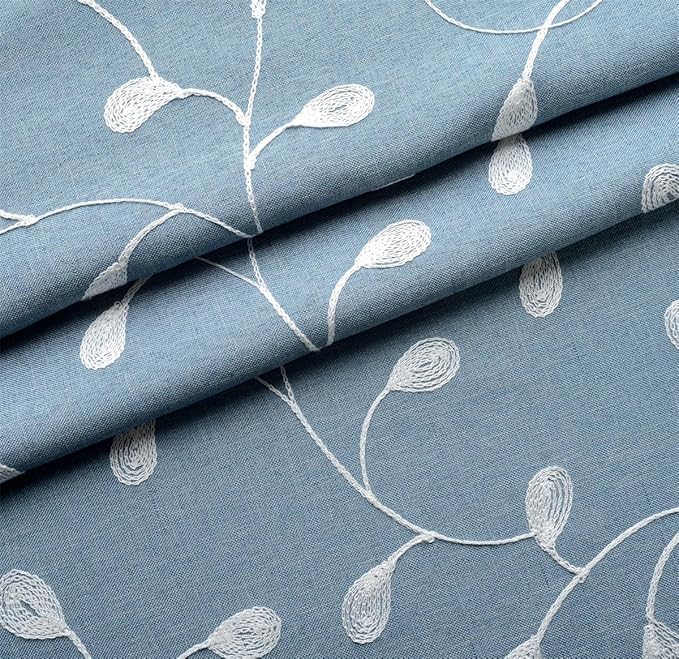 MIUCO Floral Embroidered Semi Sheer Curtains Faux Linen Grommet Curtain Set for Bedroom 52 x 95 Inch, Dusty Blue