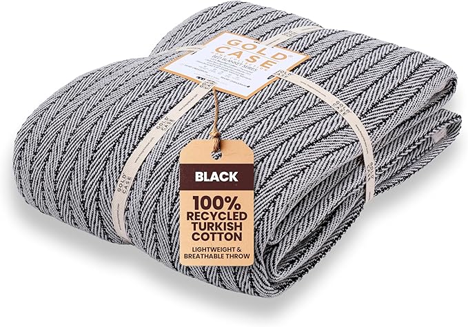 Gold Case Throw Blanket for Bed – 100% Recycled Turkish Cotton Bed Blanket – Decorative Throw Cotton Blankets for Living Room & Bedroom – Woven Twin Blankets - 71x90 - Black