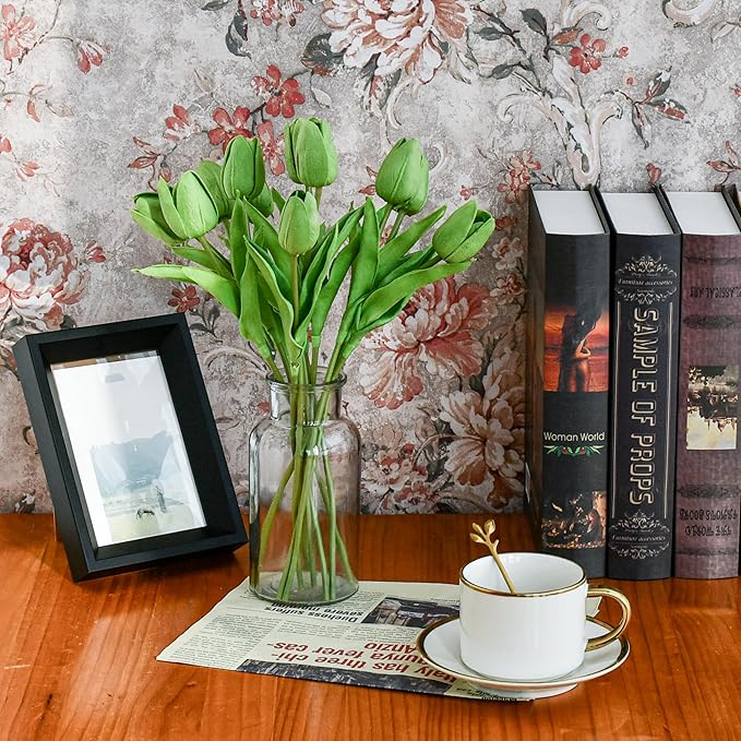 Mandy's Artificial Tulips 20 Stems Green PU Faux Flowers for Wedding Home Decor 13.5 Inch