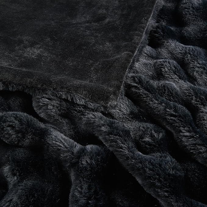 Lotus Karen Faux Fur Blanket Black - Big Bubble Rabbit Fluff King Throw for The Bed Large Fluffy Fuzzy Cozy Thick Furry Plush Shaggy Blankets 108x90 Inches