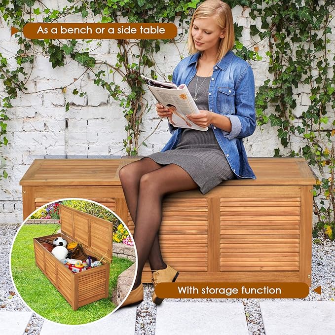 Tangkula 46 Gallon Acacia Wood Deck Box, Garden Backyard Storage Bench, Outdoor Storage Container for Patio Furniture Cushions and Gardening Tools (Natural)