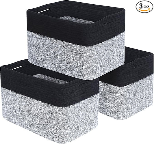 MINTWOOD Design 3-Pack Storage Baskets for Shelves, Playroom Classroom Storage Basket, Book Basket, Decorative Storage Cube Bins, Woven Closet Organizers, Pantry and Shoe Organizer, Black Light Grey