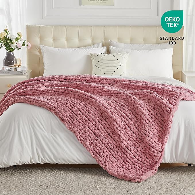 Carriediosa Chunky Knit Throw Blanket 60" X 80" Twin, 100% Hand Made Large Chenille Loop Yarn Soft Fluffy Throws for Couch Sofa Bed, Big Crochet Cozy Heavy Thick Cable Woven Blanket, Mauve