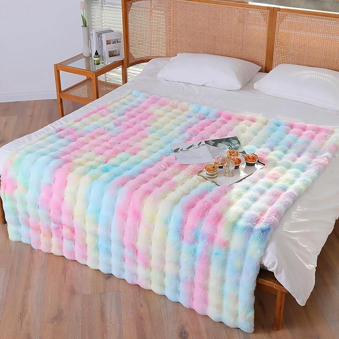 UKELER Colorful Faux Fur Throw Blanket Twin Size, Large Super Soft Fluffy Bed Blankets Throws for Bedroom, Living Room, Couch, Sofa, Office, Camping Plush Furry Blanket 60''x80''