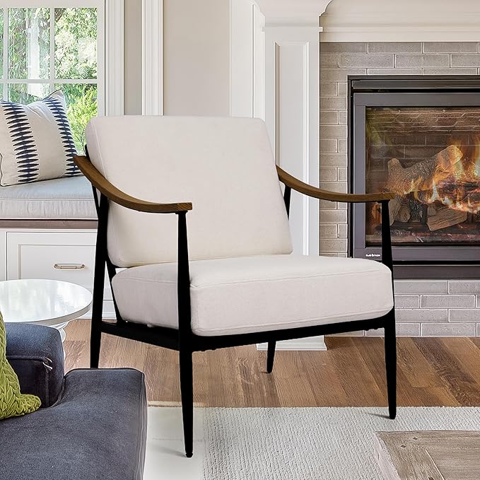 Modern Accent Chair for Living Room Bedroom Mid Century Arm Chair Upholstered Office Accent Chair Comfy Waiting Room Chair with Metal Frame, Cream White