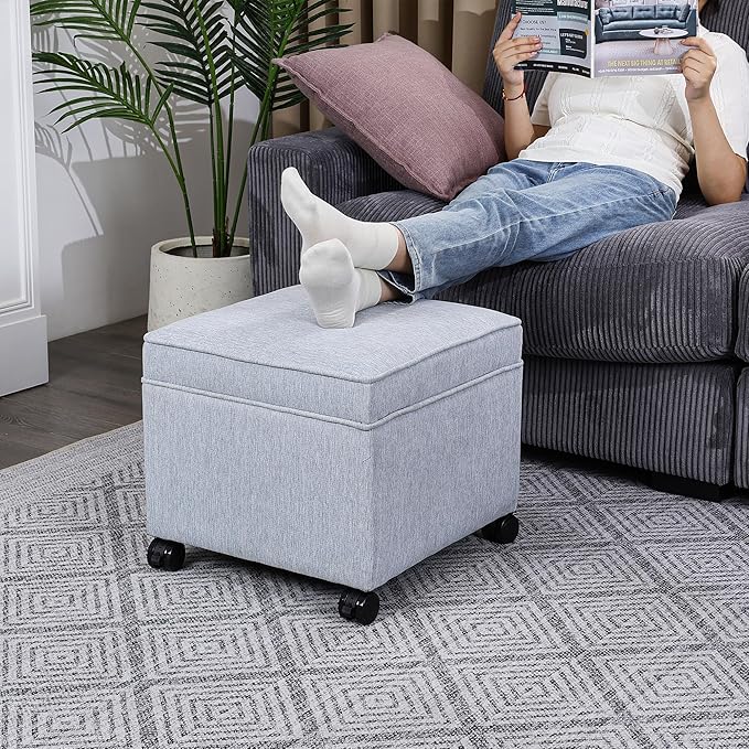 Adeco 17.5" Square Fabric Ottoman with Storage, Upholstered Cotton Linen Foot Rest, Flip Top Footstool, Small Cube Coffee Table Extra Seat for Living Room, Bedroom, Ice Blue with Rolling Legs